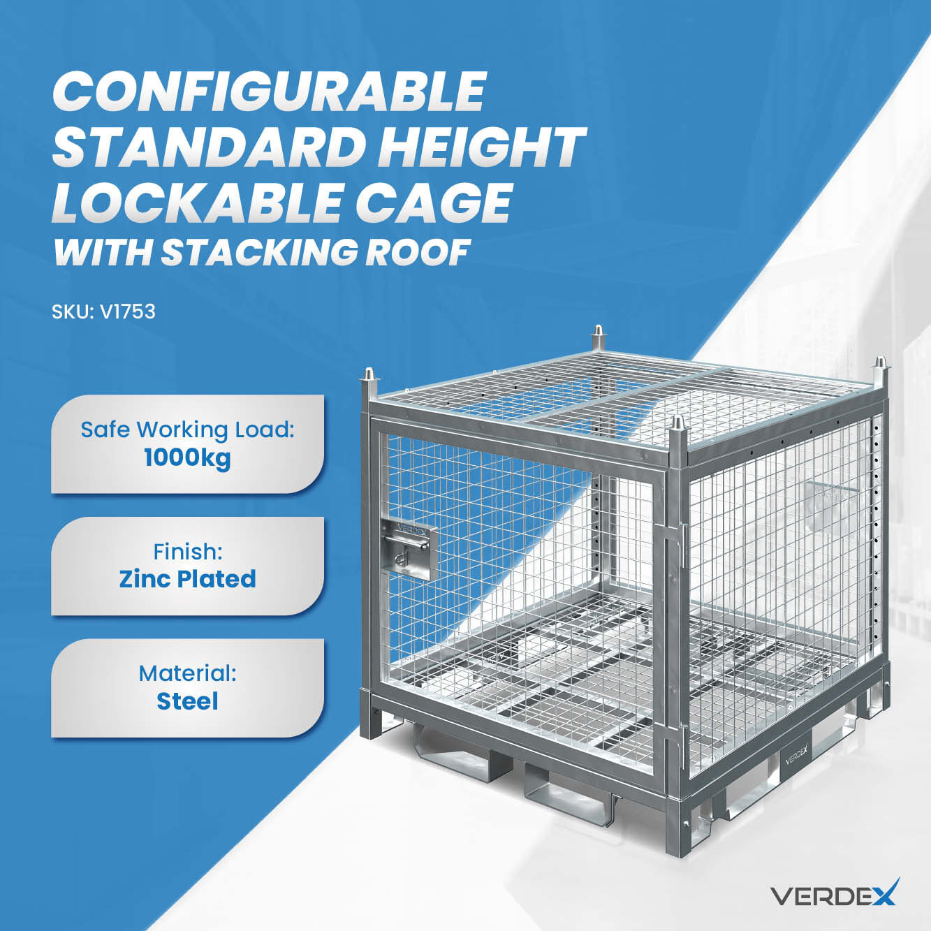 Configurable Standard Height Lockable Cage with Stacking Roof