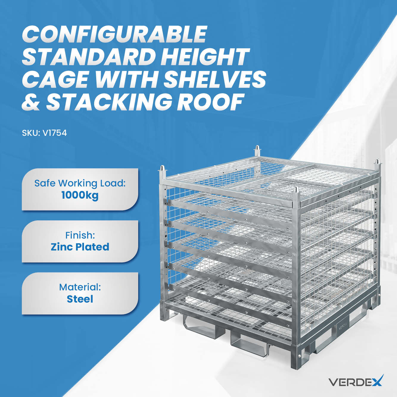 Configurable Standard Height Cage with Shelves and Stacking Roof