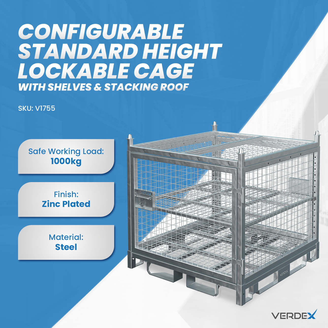 Configurable Standard Height Lockable Cage with Shelves and Stacking Roof