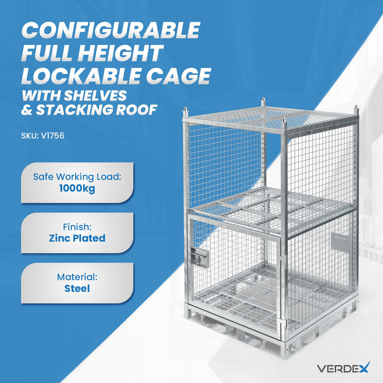 Configurable Full Height Lockable Cage with Shelves and Stacking Roof