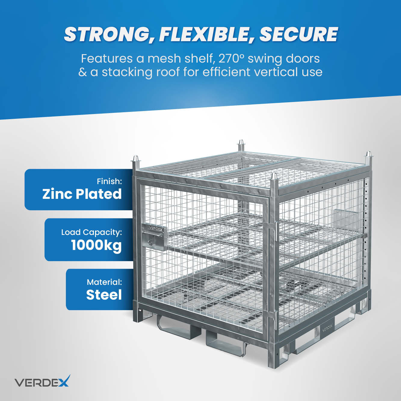 Configurable Standard Height Lockable Cage with Shelves and Stacking Roof