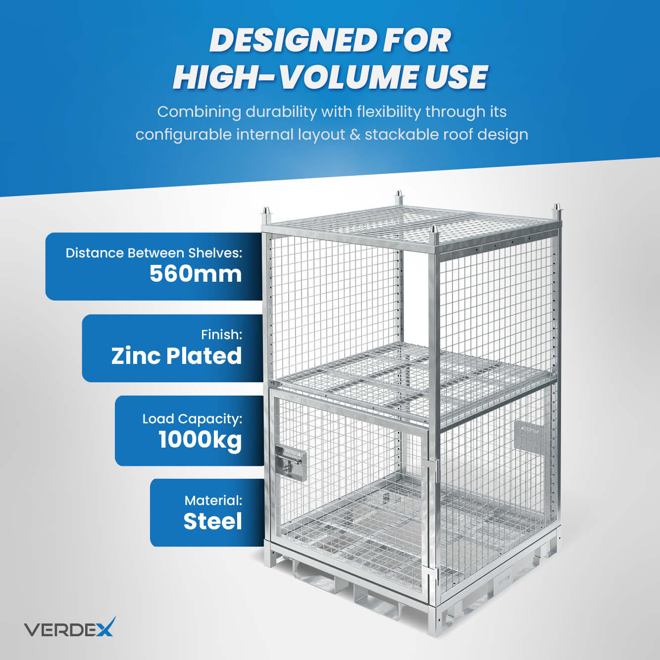 Configurable Full Height Lockable Cage with Shelves and Stacking Roof
