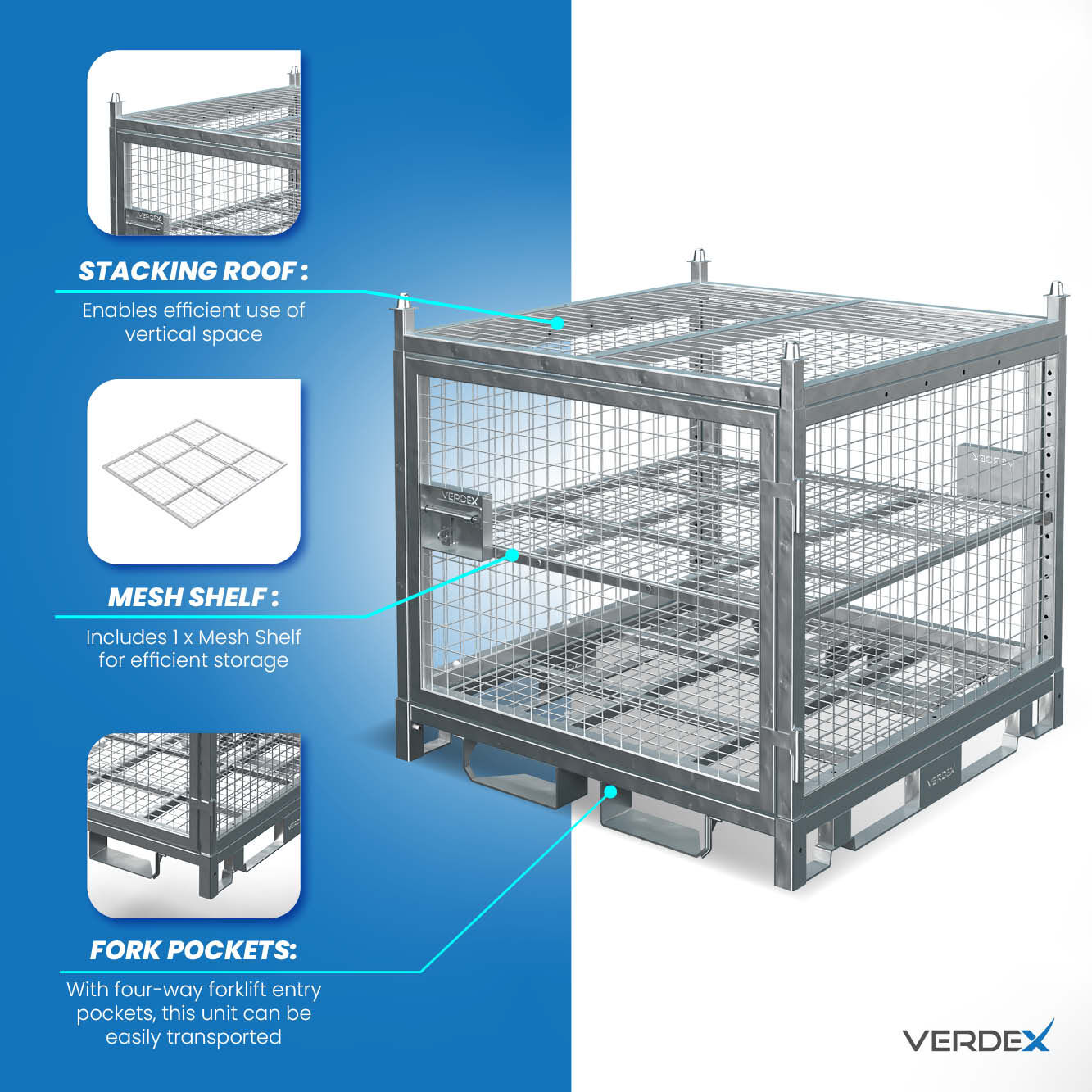 Configurable Standard Height Lockable Cage with Shelves and Stacking Roof