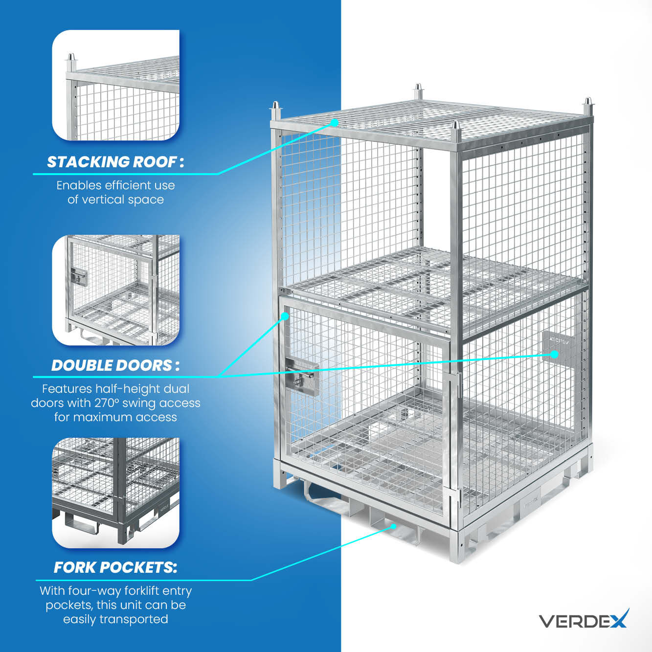 Configurable Full Height Lockable Cage with Shelves and Stacking Roof