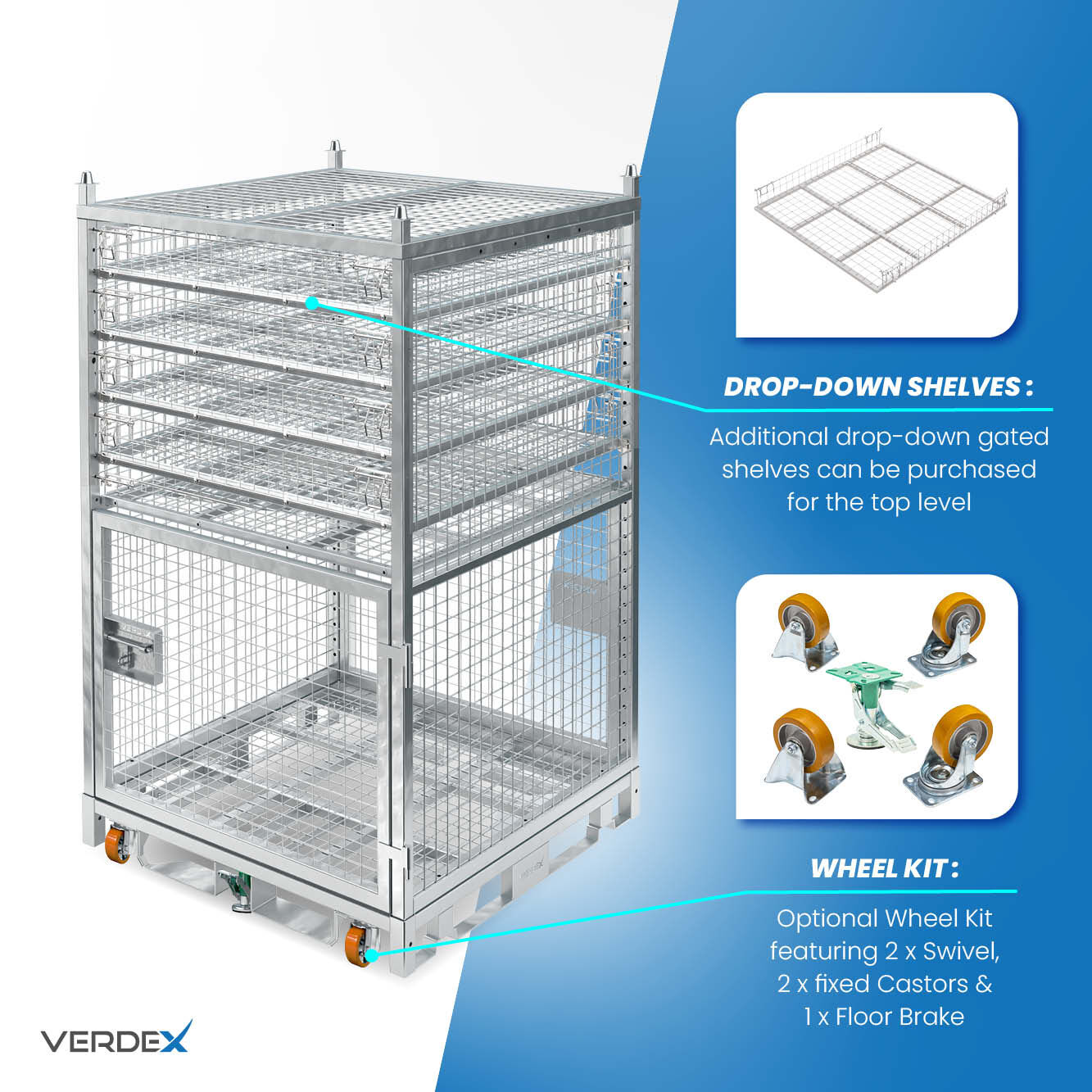 Configurable Full Height Lockable Cage with Shelves and Stacking Roof