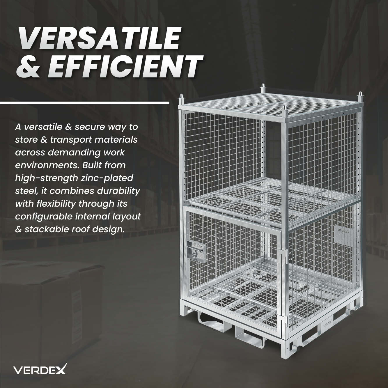 Configurable Full Height Lockable Cage with Shelves and Stacking Roof
