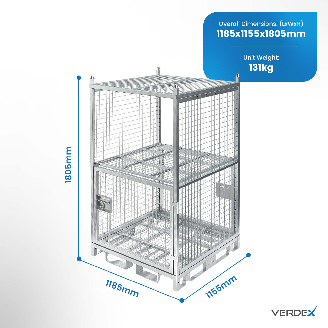 Configurable Full Height Lockable Cage with Shelves and Stacking Roof