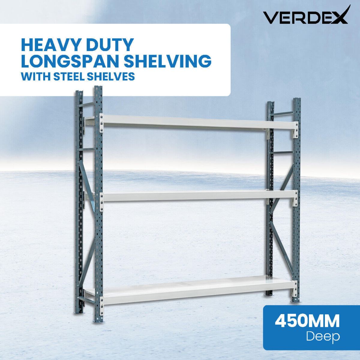 V8000P heavy duty steel longspan shelving product image.