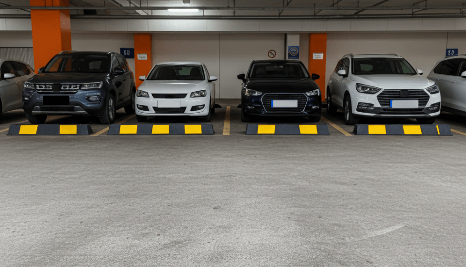 black yellow wheel stop levelled car park various vehicles