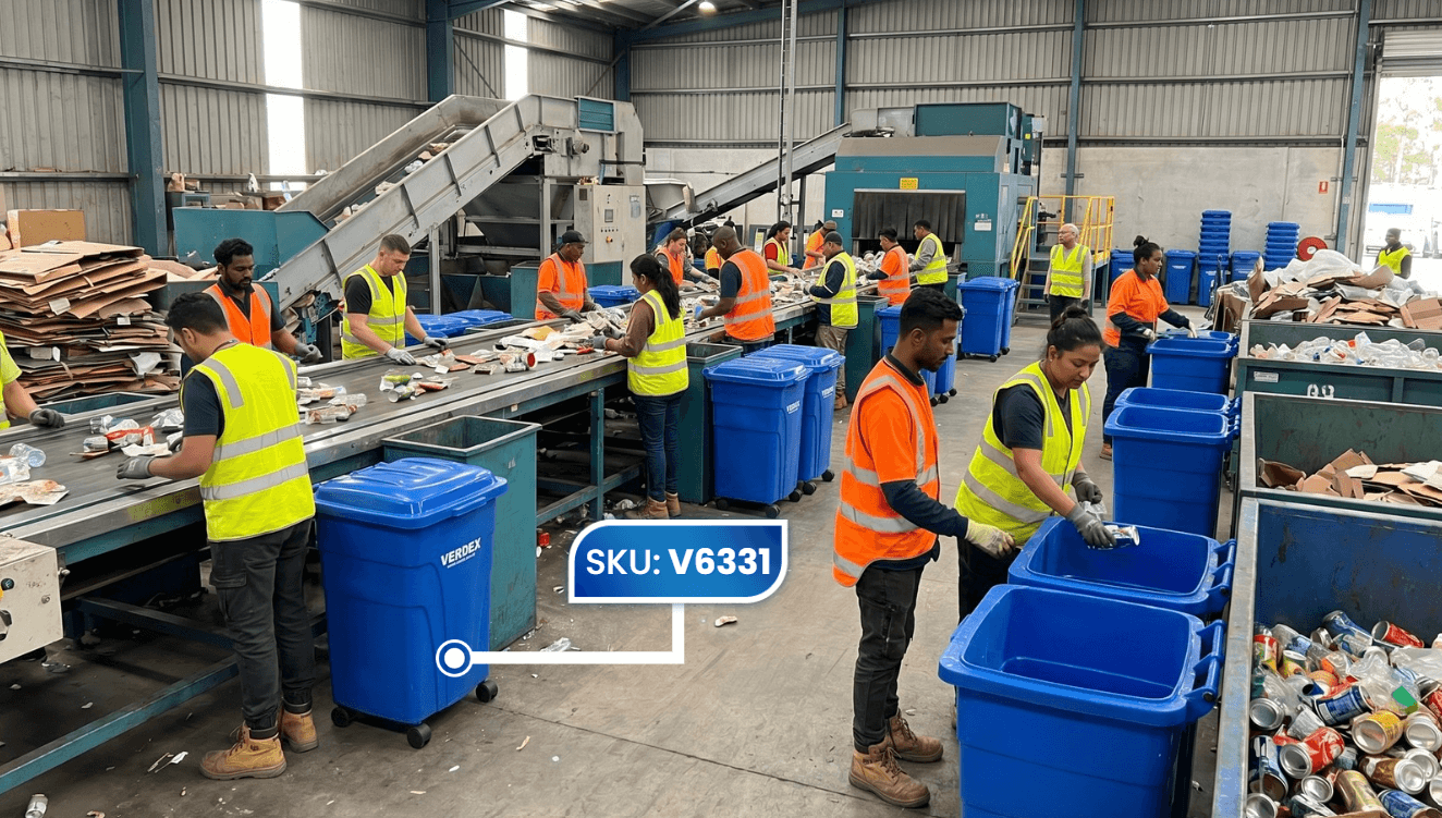 blue verdex garbage bins supporting workers sorting waste