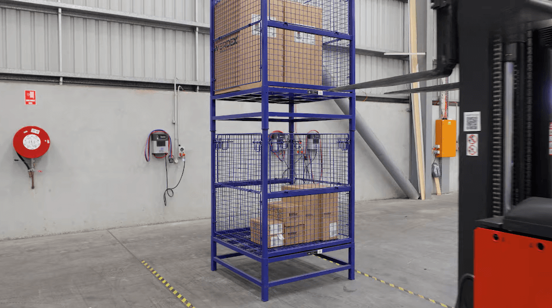 Boxed Goods Placed Inside Stackable Mesh Stillage Picking Cage Warehouse
