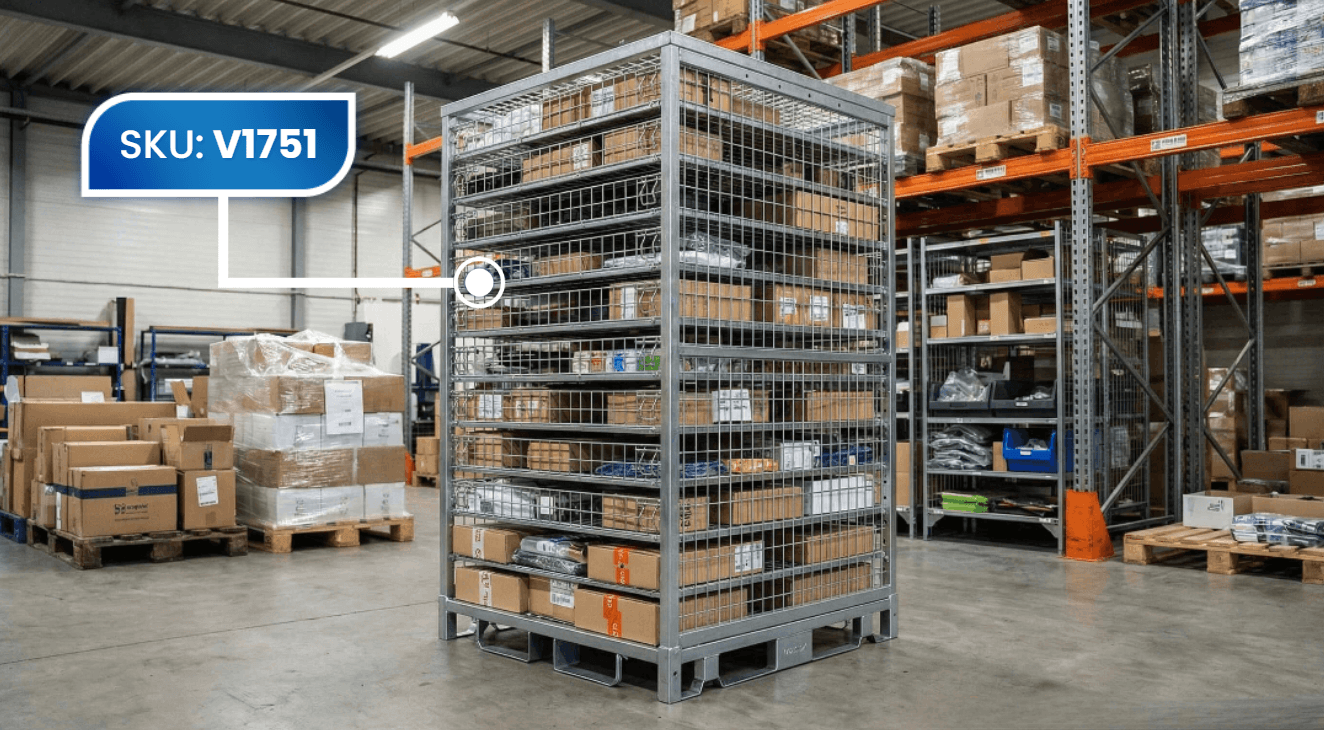 Configurable Full Height Cage With Shelves Warehouse Application