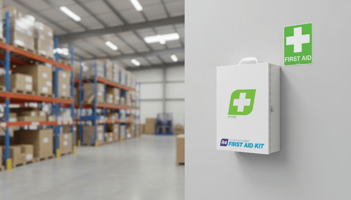 constructa medic kit metal wall mount warehouse with first aid safety sign