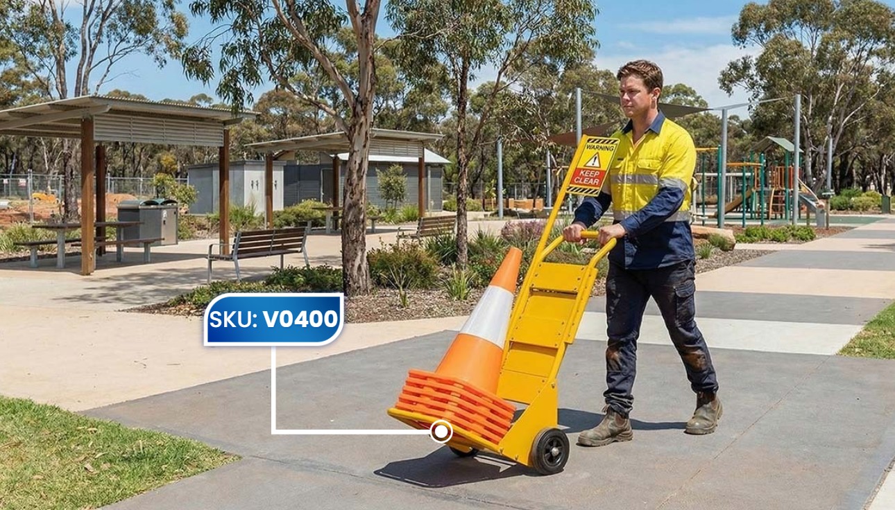 Construction Worker Moving Verdex Traffic Cone Trolley Through Park