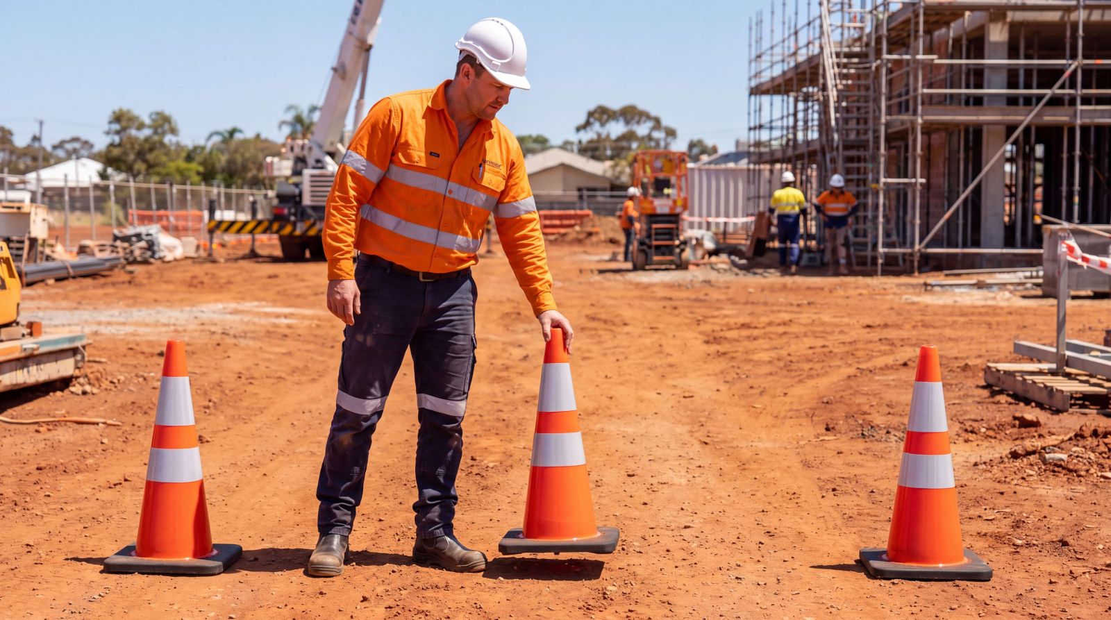 Construction Worker Securing Worksite Using Traffic Cones With Reflective Tape