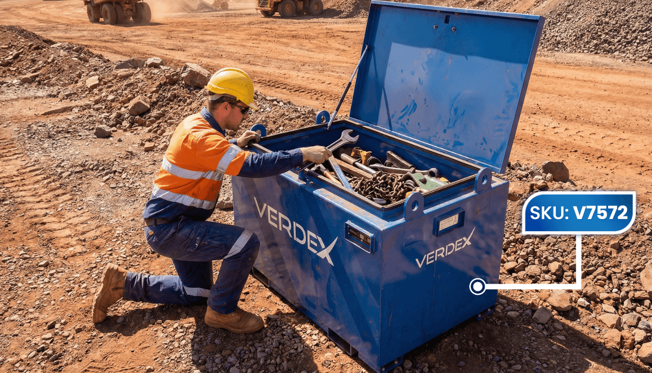 Construction Worker Using Site Tool Box Hinged Lid