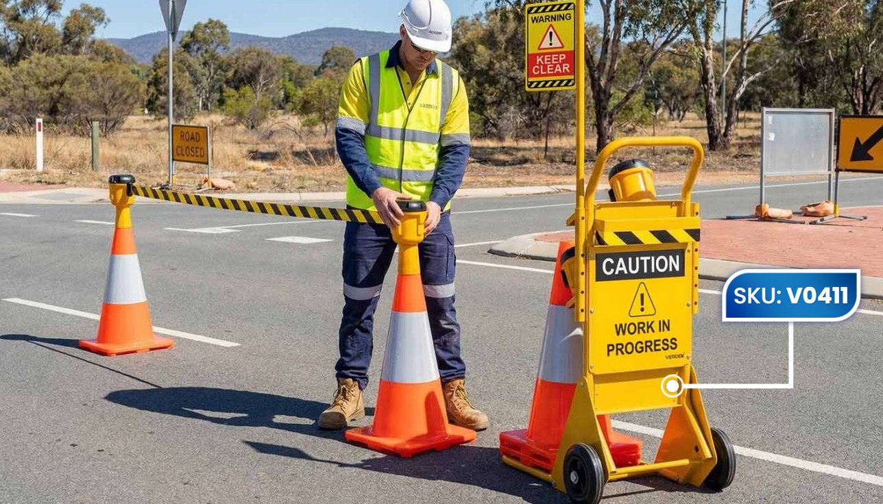 Construction Worker Using Traffic Cone Trolley Cone Top Holder