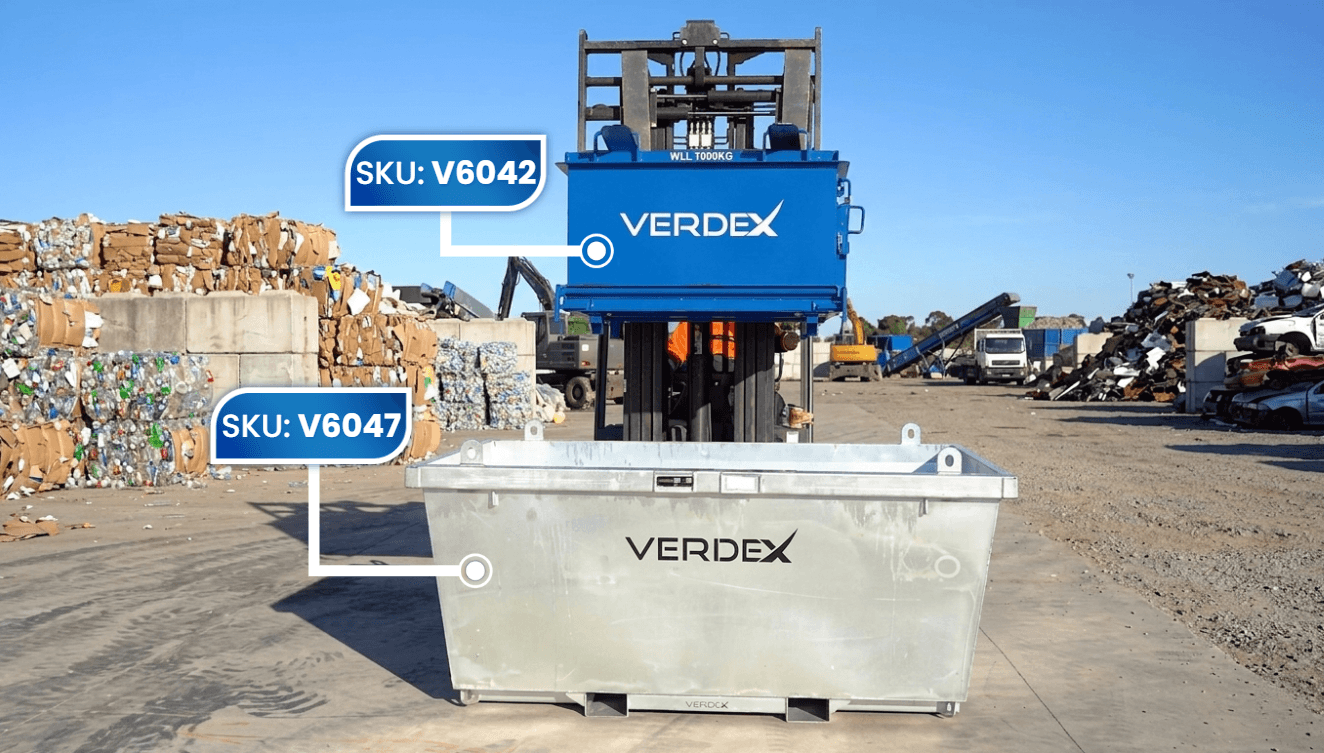 drop bottom bin fork crane bin waste disposal worksite