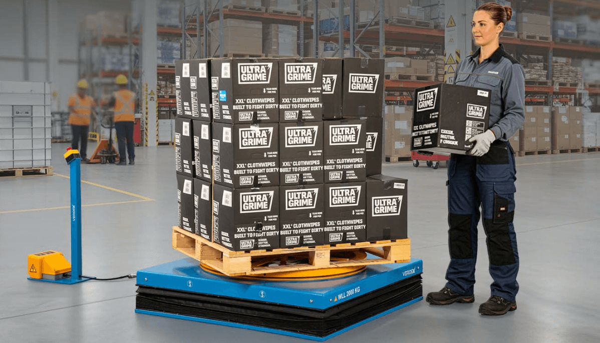 Electric Single Lift Table Loaded With Pallet Of Ultragrime Wipes