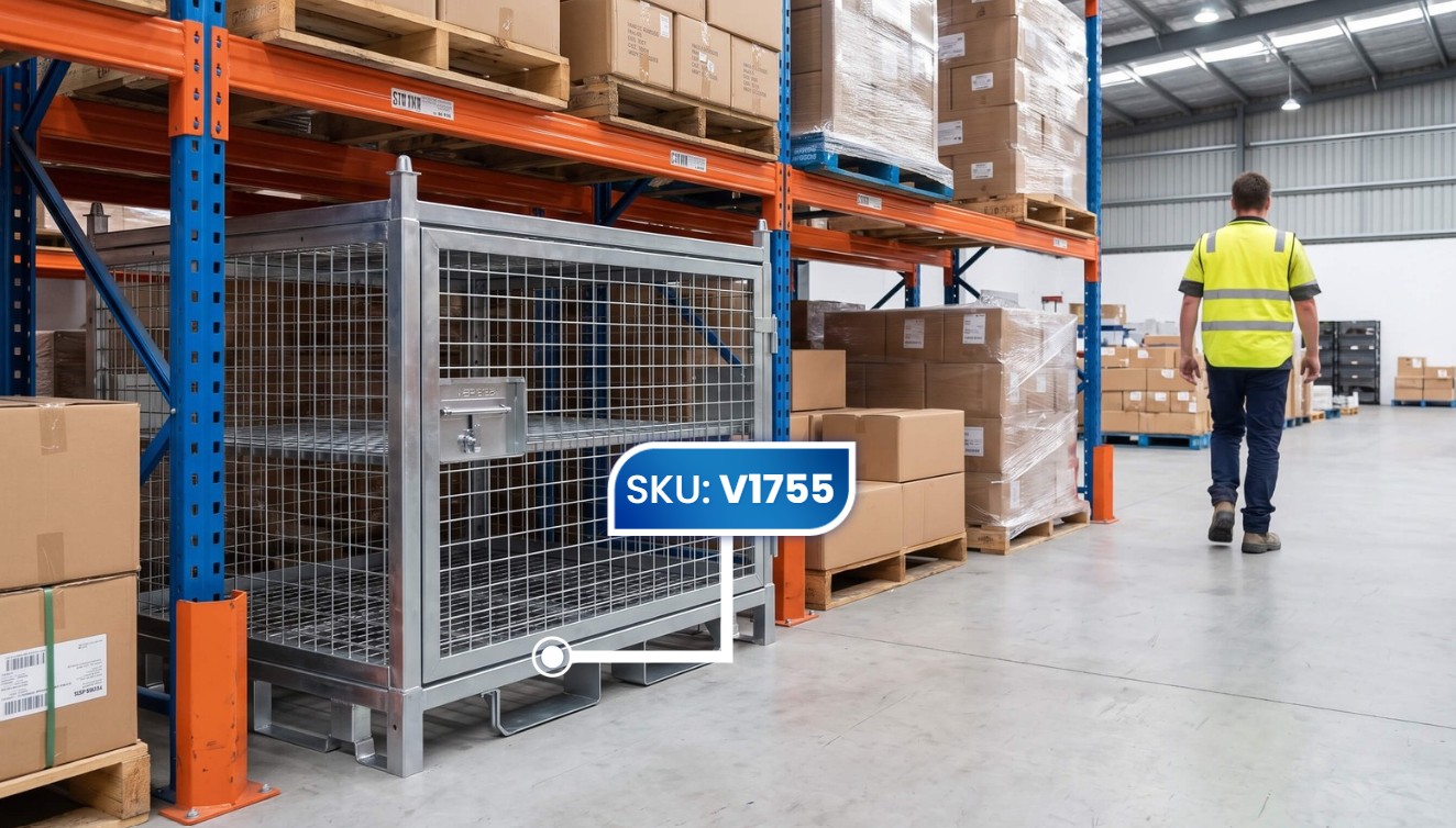 Empty Configurable Lockable Cage With Shelves Stacking Roof Warehouse Pallet Racking