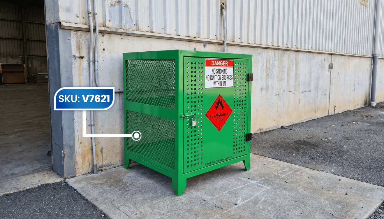 empty green fork gas storage cage 4 cylinders outdoor warehouse