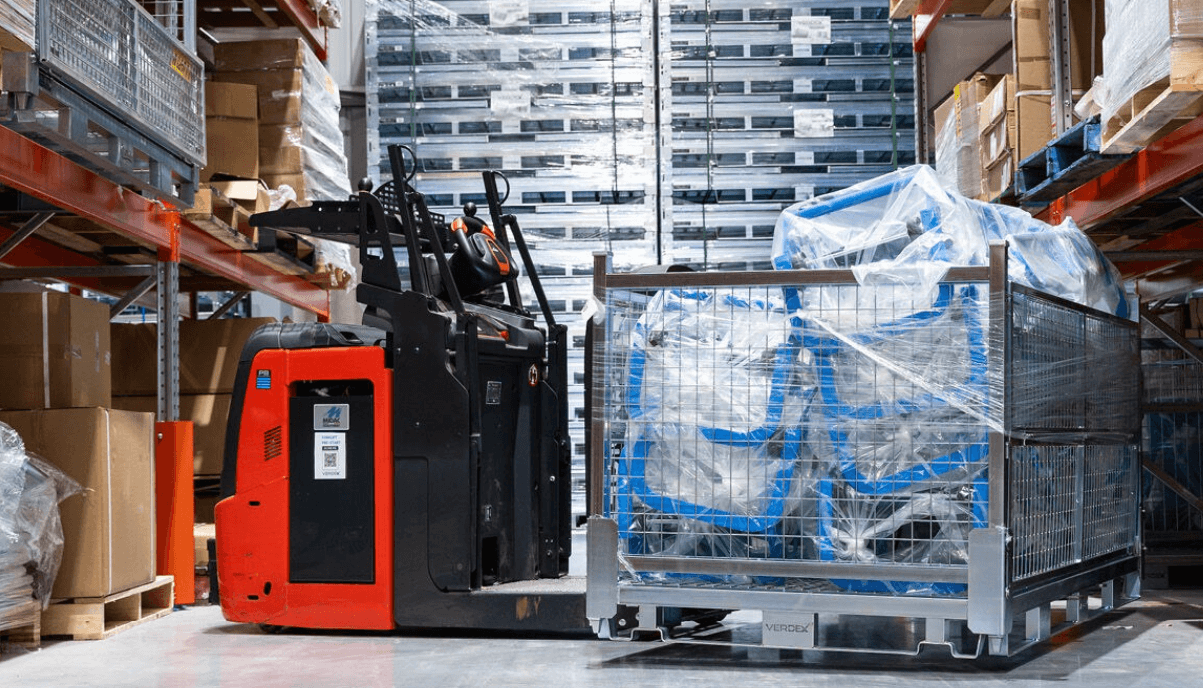 Forklift Loading Double Width Storage Cage Full Height Loaded With Plastic