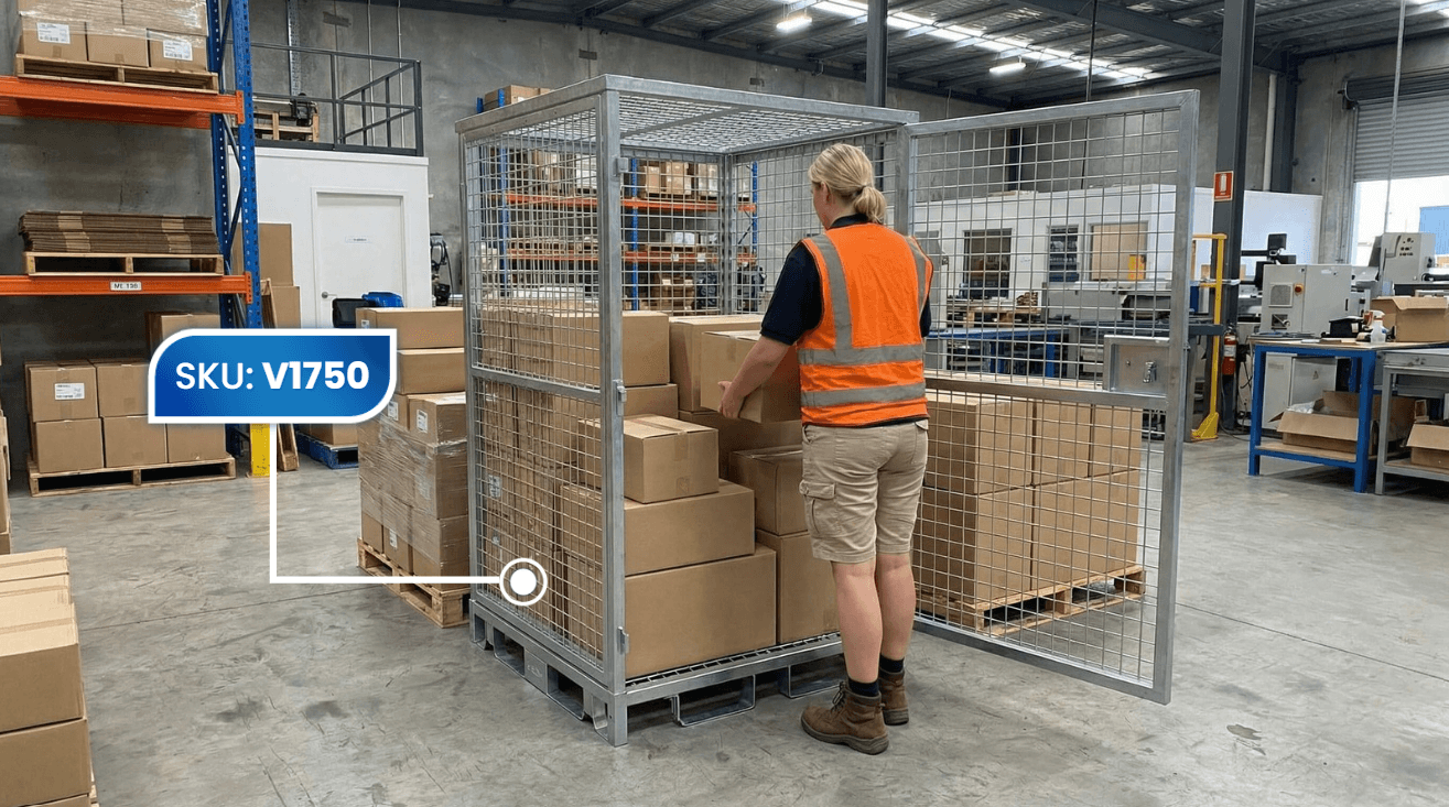 Fulfillment Officer Storing Boxes Away In Full Height Configurable Cage