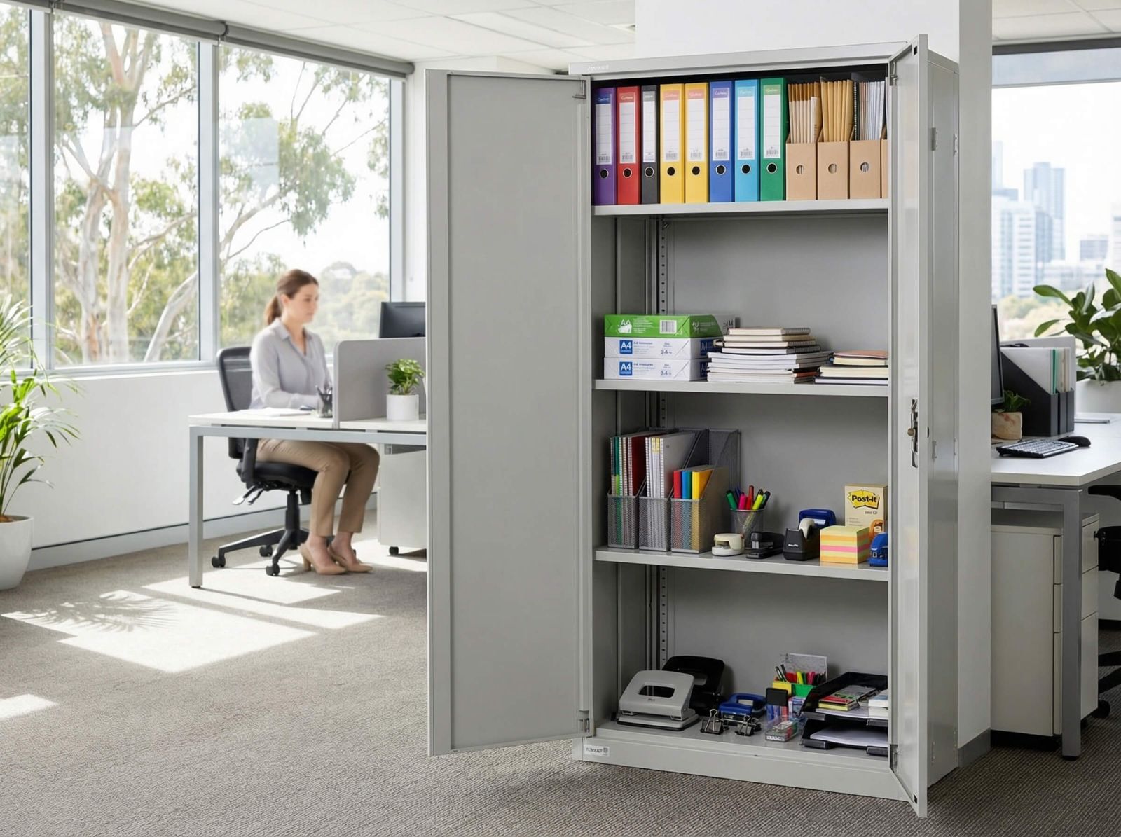 Fully Stocked Full Height Stationery Cabinet Light Grey Office Workplace