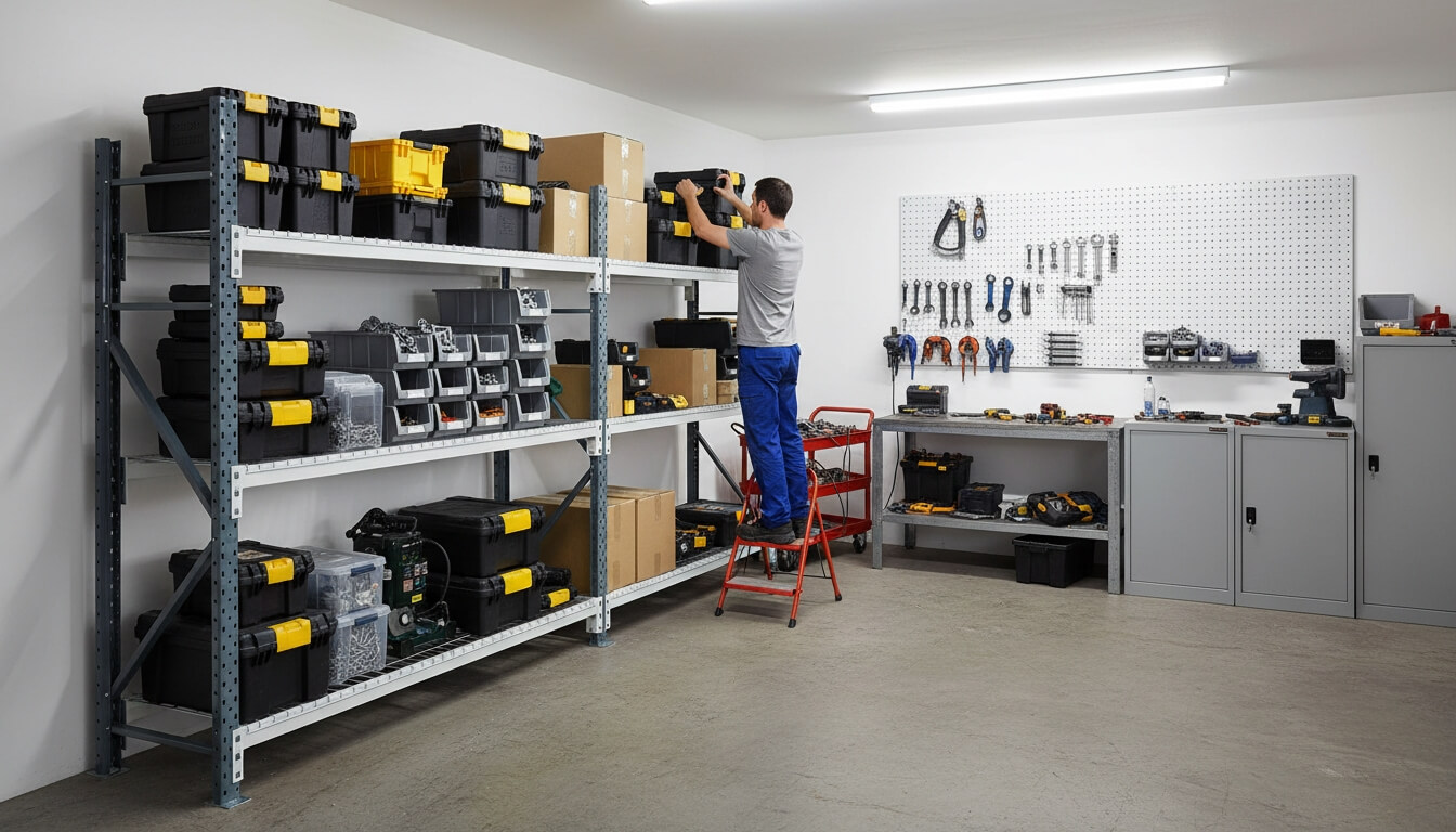 garage workshop connected heavy duty mesh longspan shelving storage.jpg