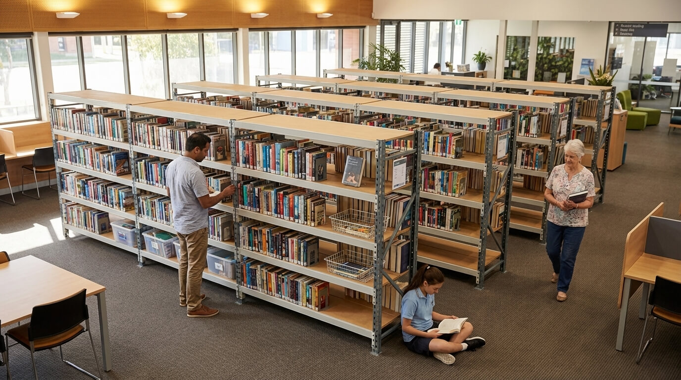 Heavy duty longspan timber shelving used in a public library environment.