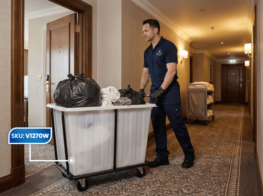 Hotel Retail Specialist Cleaning Using White Plastic Bin Trolley