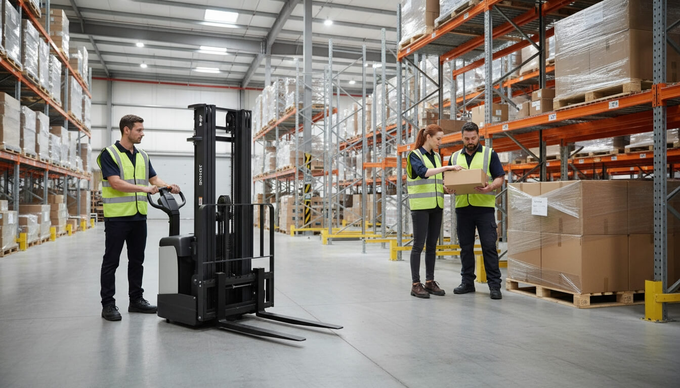 industrial warehouse logistics staff with walkie stacker