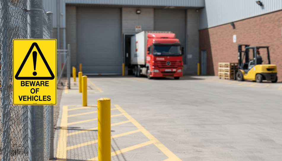 loading dock beware of vehicles safety signage