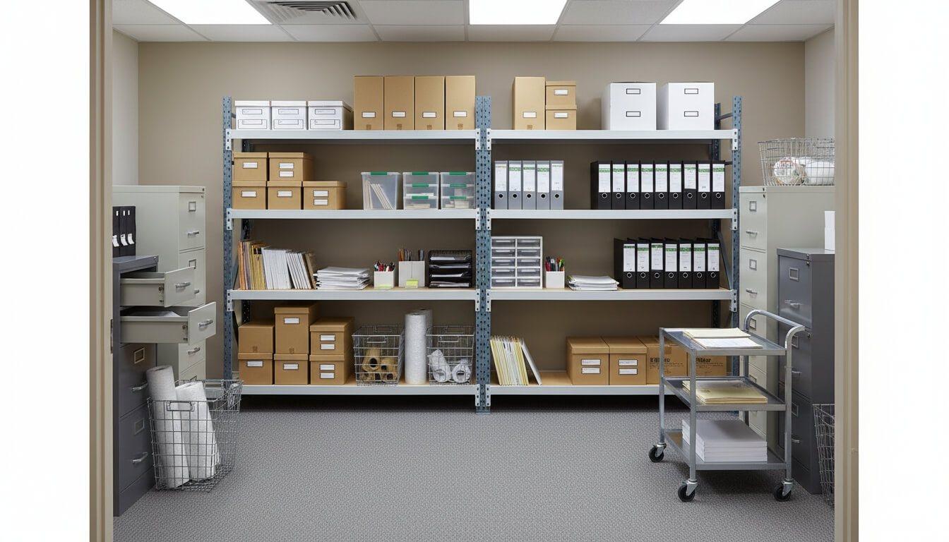 long span shelving with timber shelves used for workplace office supplies.jpg