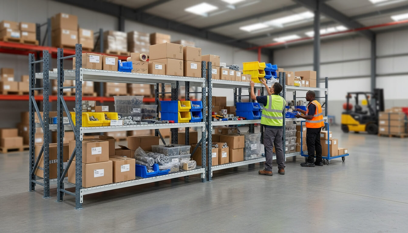 Longspan wire shelving used as a parts picking station with workers operating.