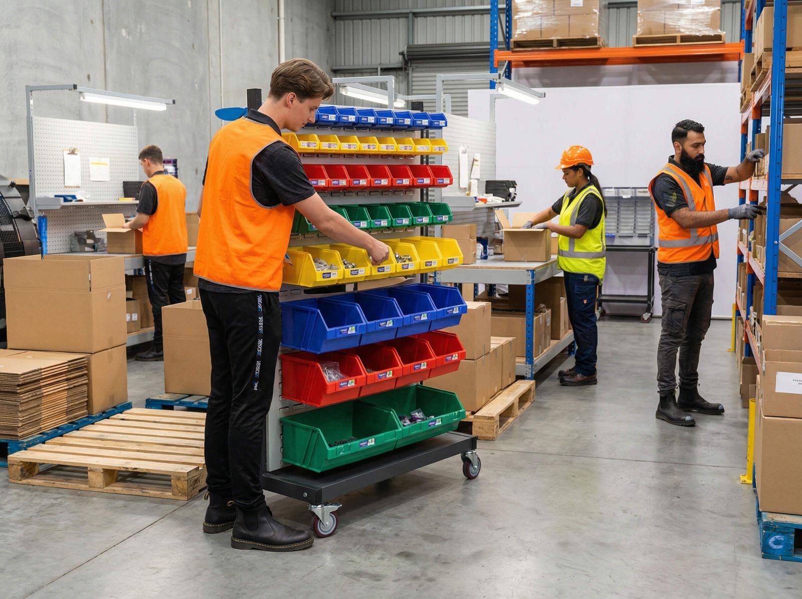 Louvre Square Hole Panel Trolleys With Trays Warehouse Picking Station