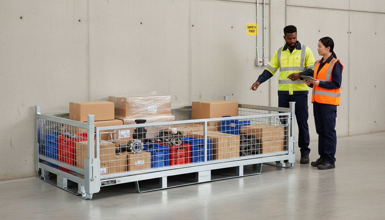 Double Width Storage Cage (Low Height) (V7539) used for storing boxes and parts on a warehouse floor, with two staff inspecting inventory.