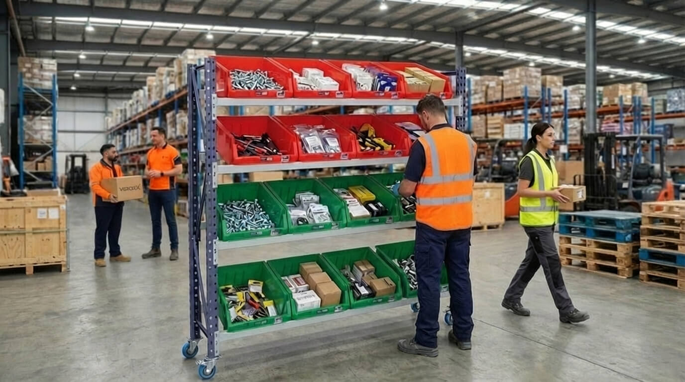 Mobile longspan shelving rack with bins being used by workers in a warehouse.