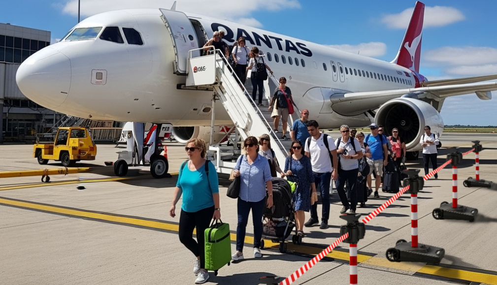 Mobile Retractable Belt Barriers Outside Airplane Passengers Offloaded