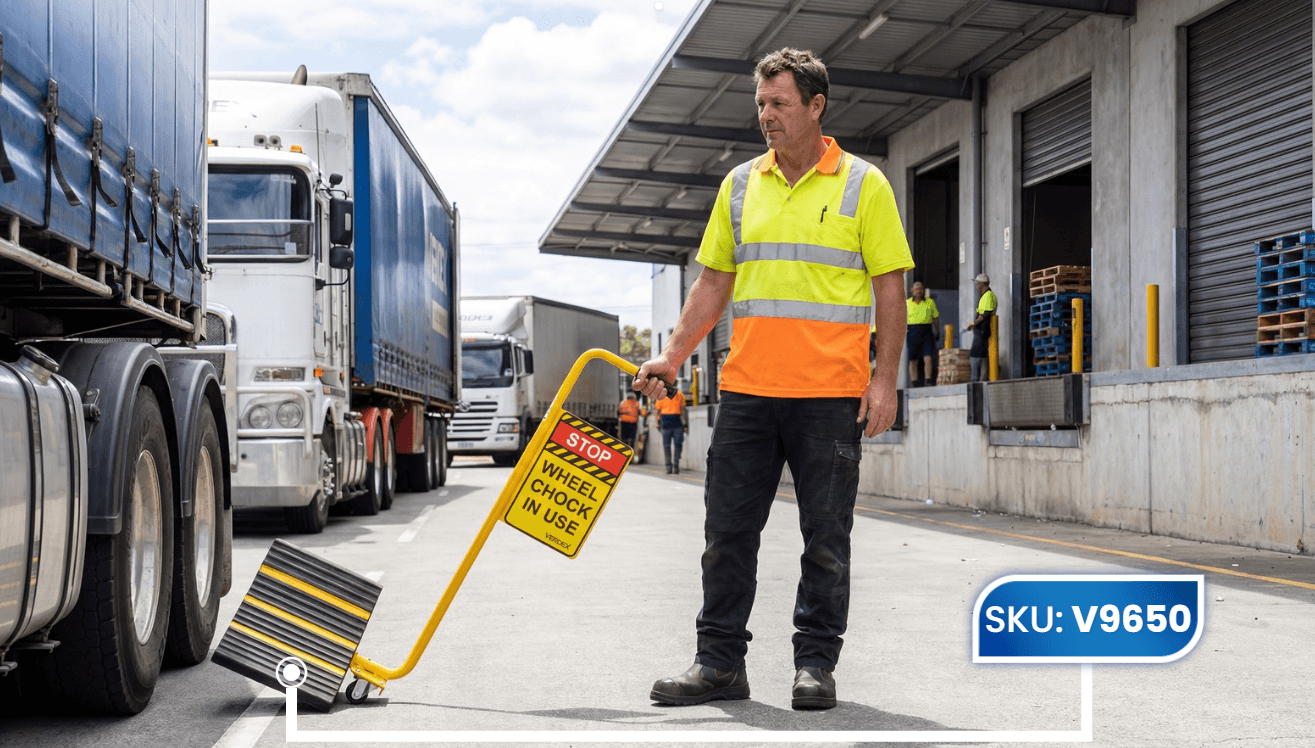 Mobile Wheel Chock In Use Heavy Vehicle Safety Loading Dock