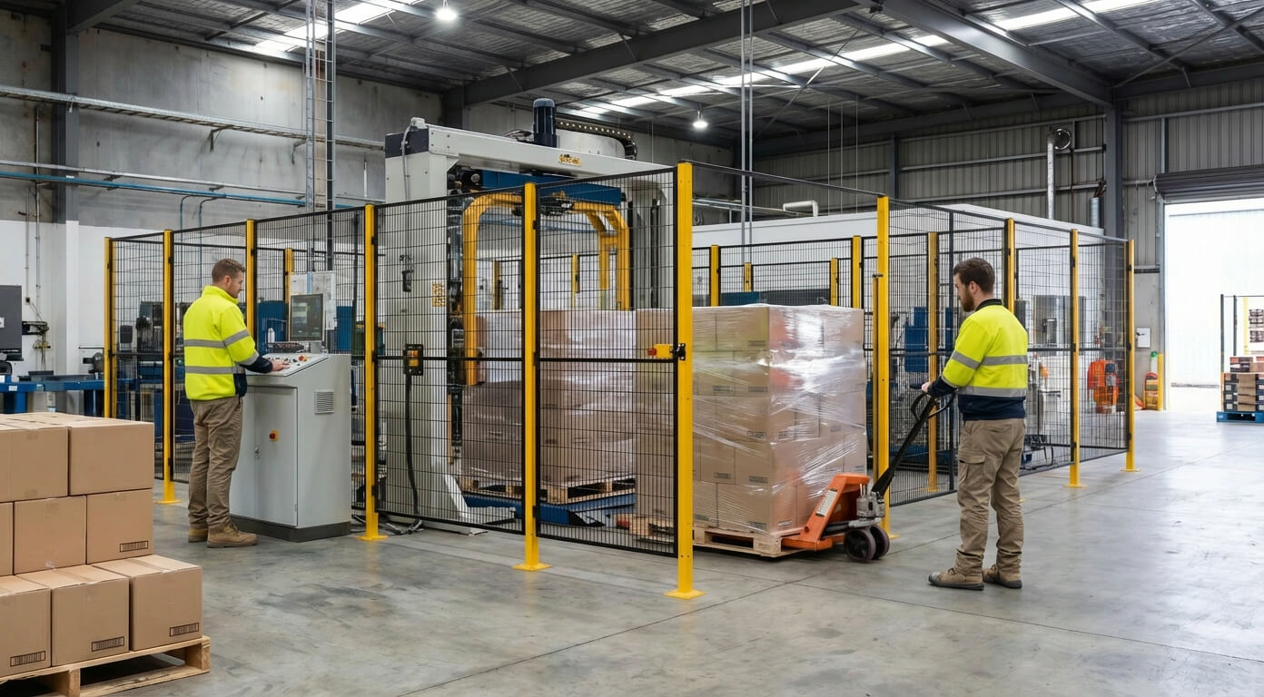 Modular Safety Barrier System Housing Large Pallet Wrapping Machine System