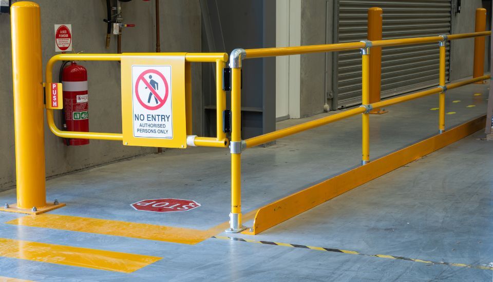 no entry authorised persons only adjustable safety swing gate pedestrian handrail system warehouse