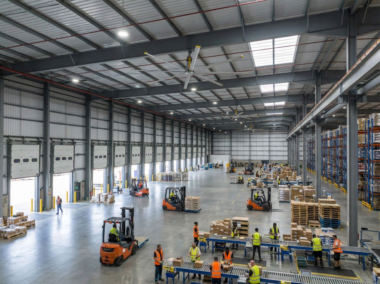 Open space warehouse floor with large industrial ceiling fans installed