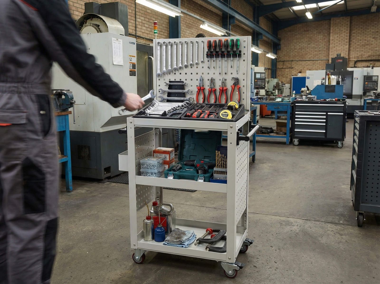 Pegboard Tool Trolley With Tools Busy Workshop Environment