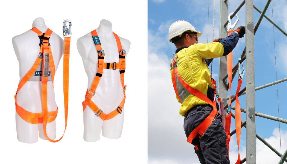 person climbing ladder with orange full body safety harness