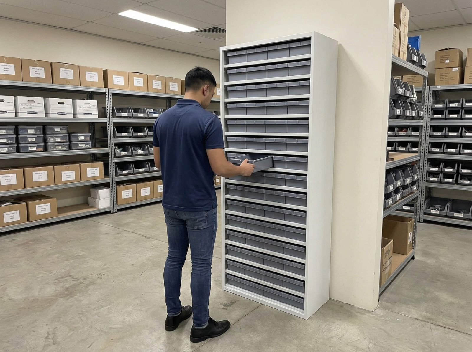 Person Searching Steel Shelving Parts Tray Kits