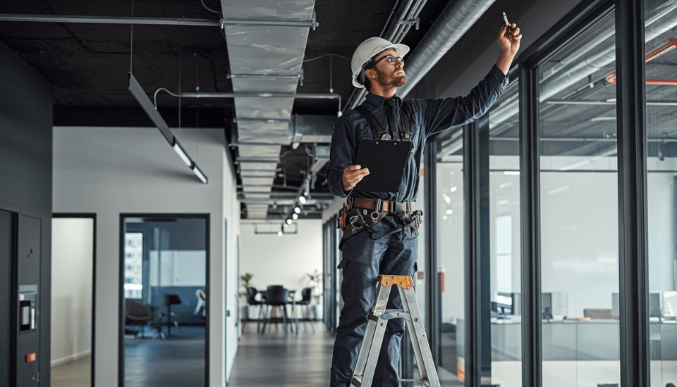 person standing on ladder conducting safety check in office