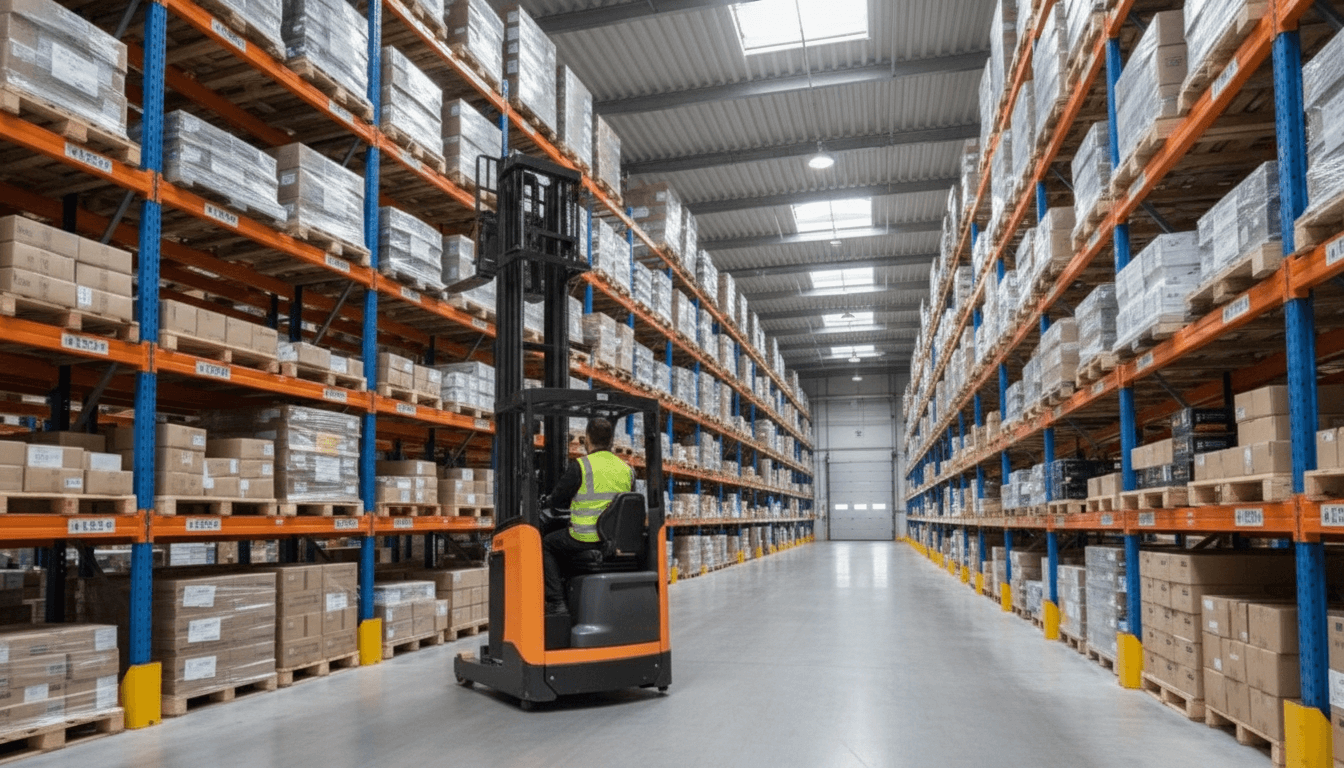 reach fork truck operator warehouse aisle