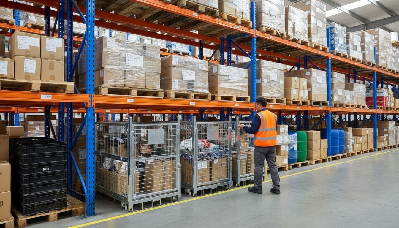 Rectangular collapsible and stackable stillage cages (V7651) positioned under pallet racking inside a warehouse.