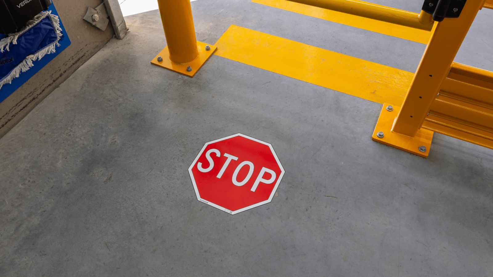 red industrial stop floor marketing sticker warehouse